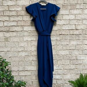 AMANDA UPRICHARD Blue vneck flutter sleeve dress